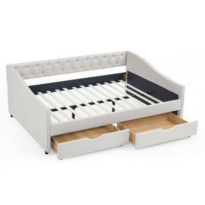 Beige Linen Full Size Daybed with Storage Drawers for Living Room Comfort