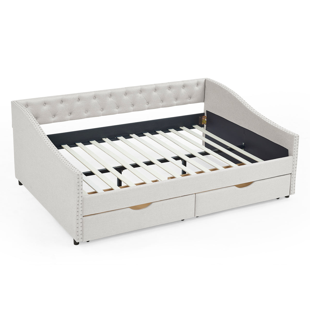 Beige Linen Full Size Daybed with Storage Drawers for Living Room Comfort
