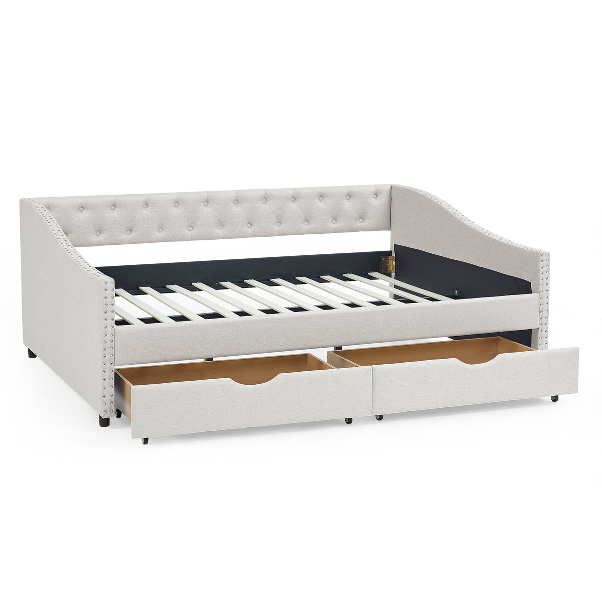 Beige Linen Full Size Daybed with Storage Drawers for Living Room Comfort