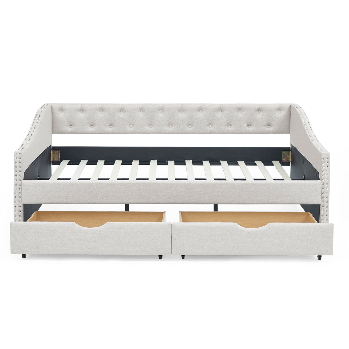 Beige Linen Full Size Daybed with Storage Drawers for Living Room Comfort
