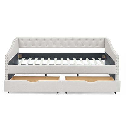 Beige Linen Full Size Daybed with Storage Drawers for Living Room Comfort