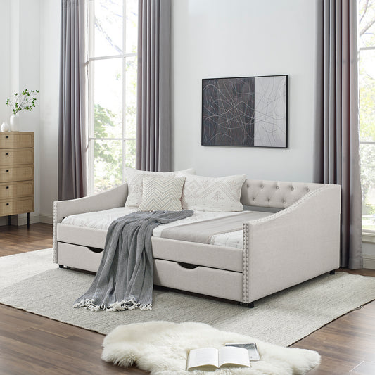 Full Size Daybed with Drawers Upholstered Tufted Sofa Bed, with Button on Back and Copper Nail on Waved Shape Arms, Beige (80.5''x55.5''x27.5'') (OLD SKU: W1413S00004)