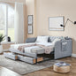 Twin Size Upholstery Daybed with Trundle Bed and Two Storage Drawers , Flat Arms with Pocket, Extendable Daybed for Bedroom Living Room,Linen Grey