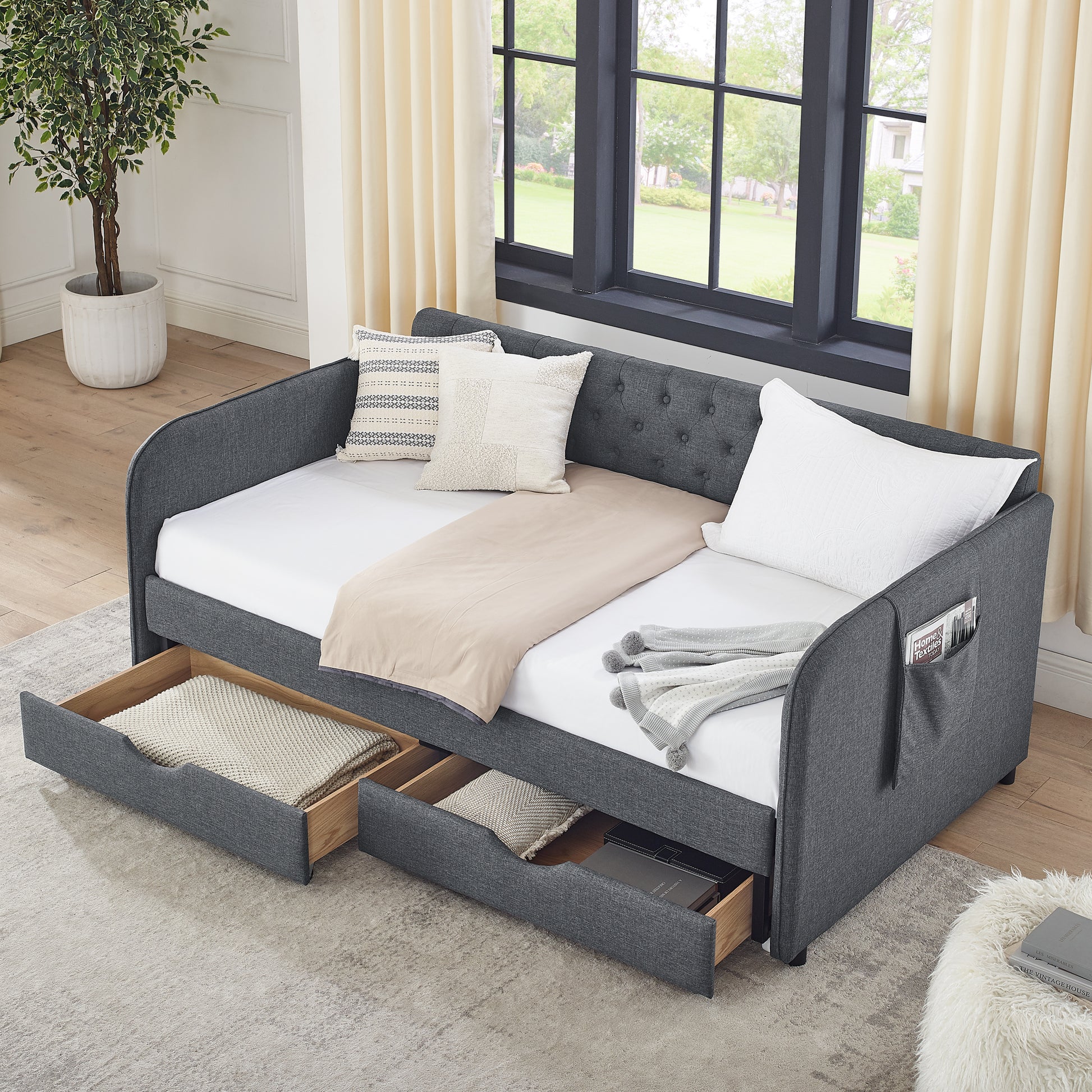 Twin Size Upholstery Daybed with Trundle Bed and Two Storage Drawers , Flat Arms with Pocket, Extendable Daybed for Bedroom Living Room,Linen Dark Gray