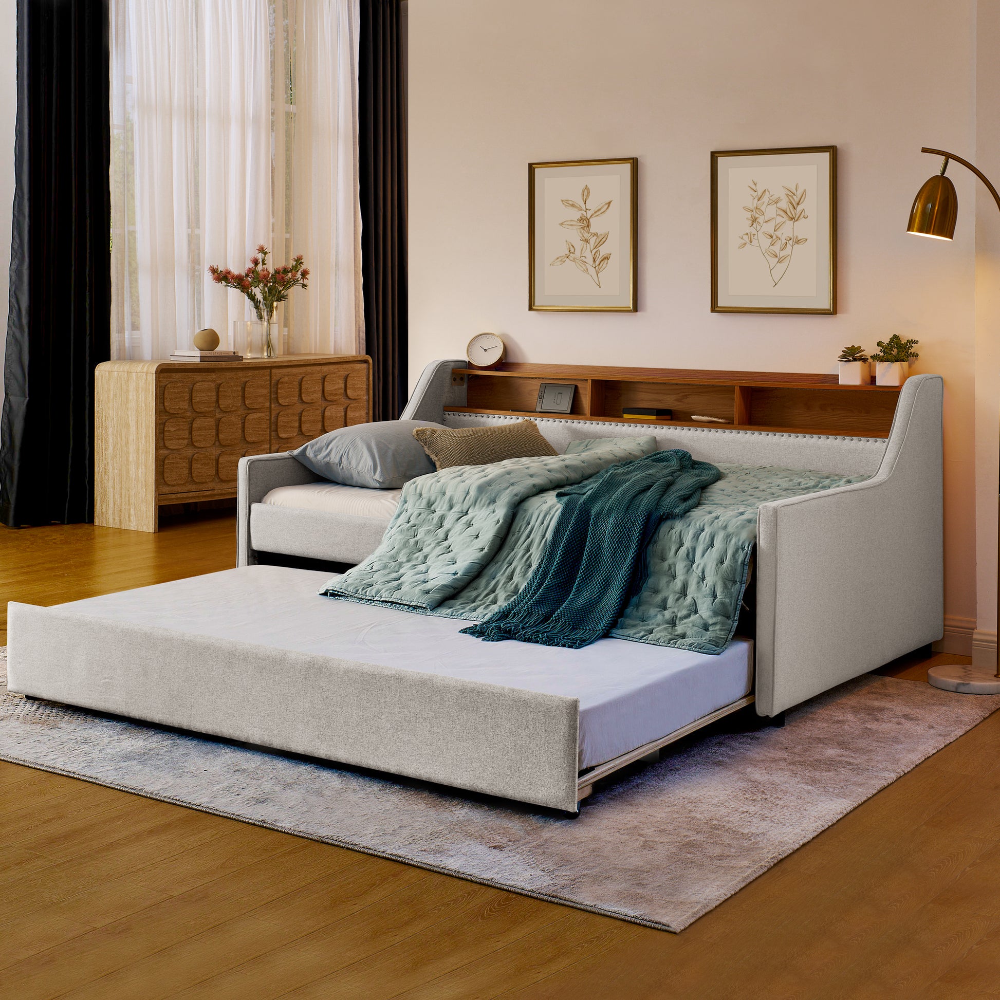 Twin Size Sofa Bed with Storage Headboard & LED Lights