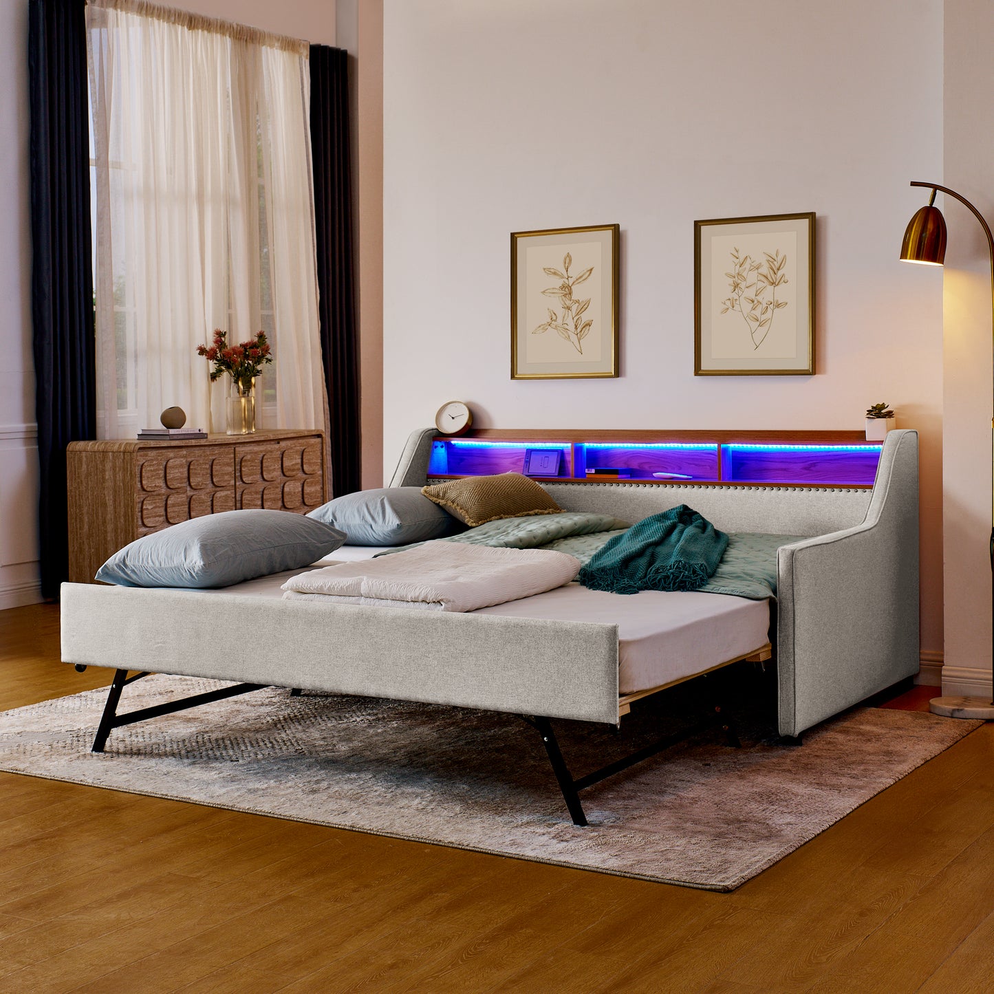 Twin Size Sofa Bed with Storage Headboard & LED Lights