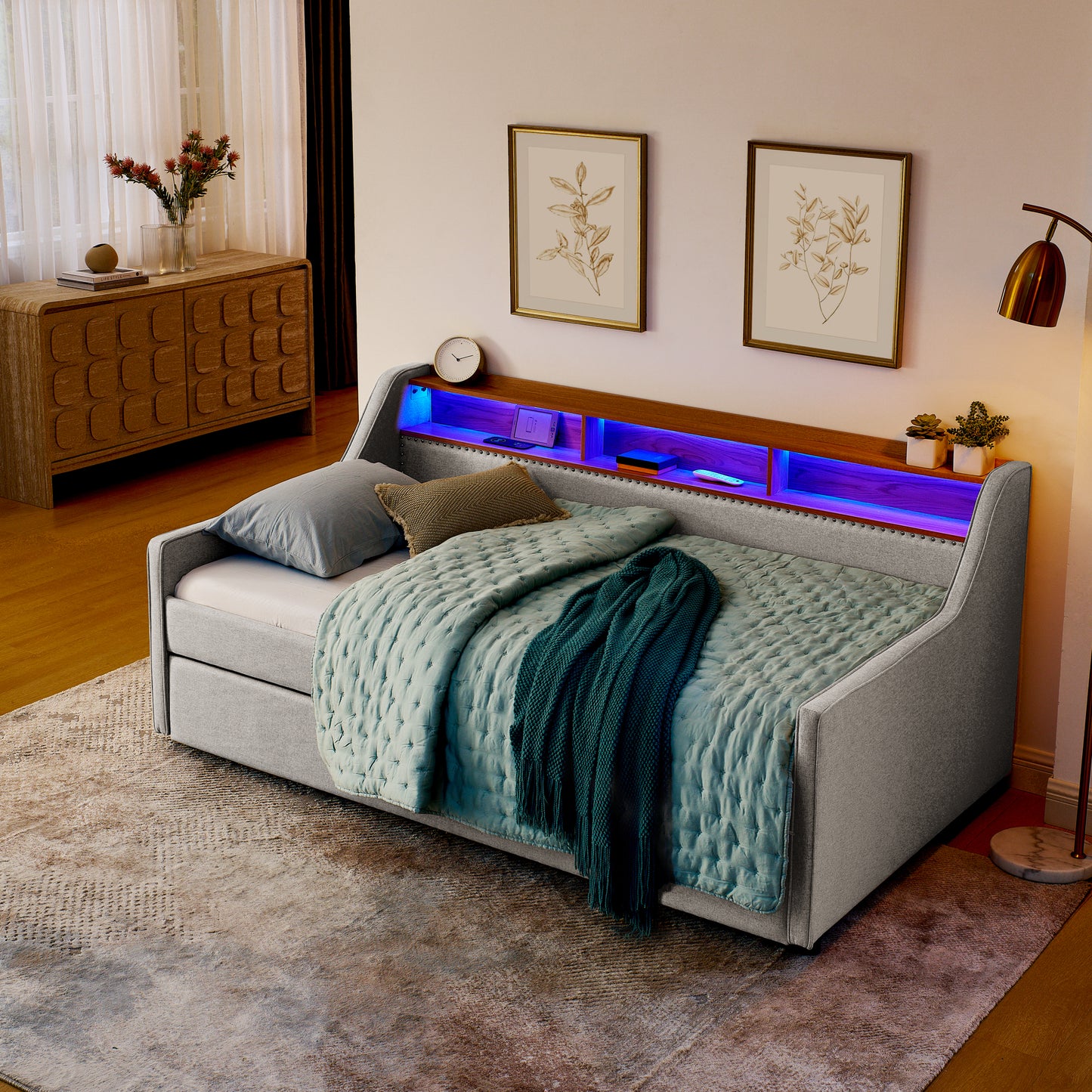 Twin Size Sofa Bed with Storage Headboard & LED Lights