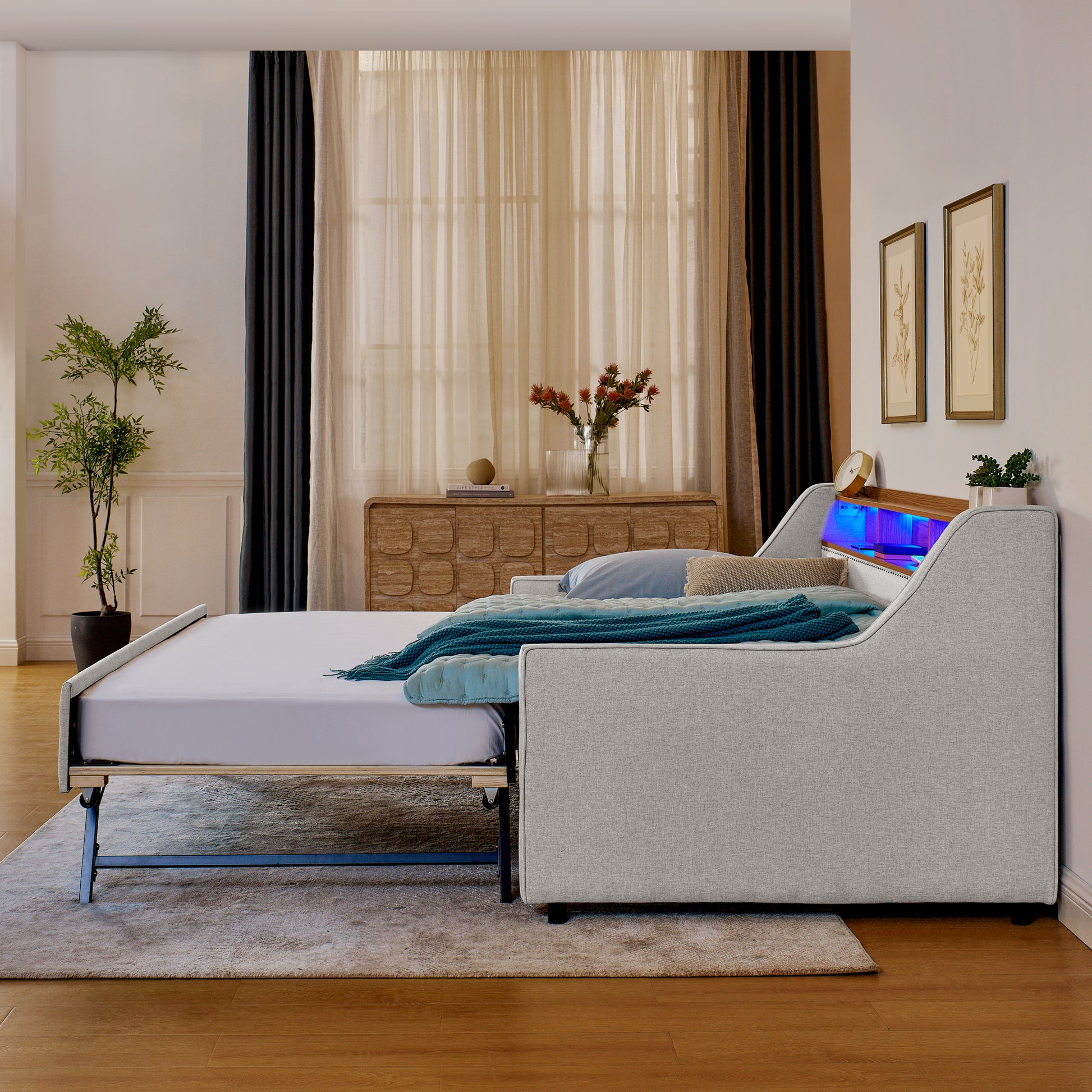 Twin Size Sofa Bed with Storage Headboard & LED Lights