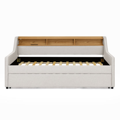 Twin Size Sofa Bed with Storage Headboard & LED Lights