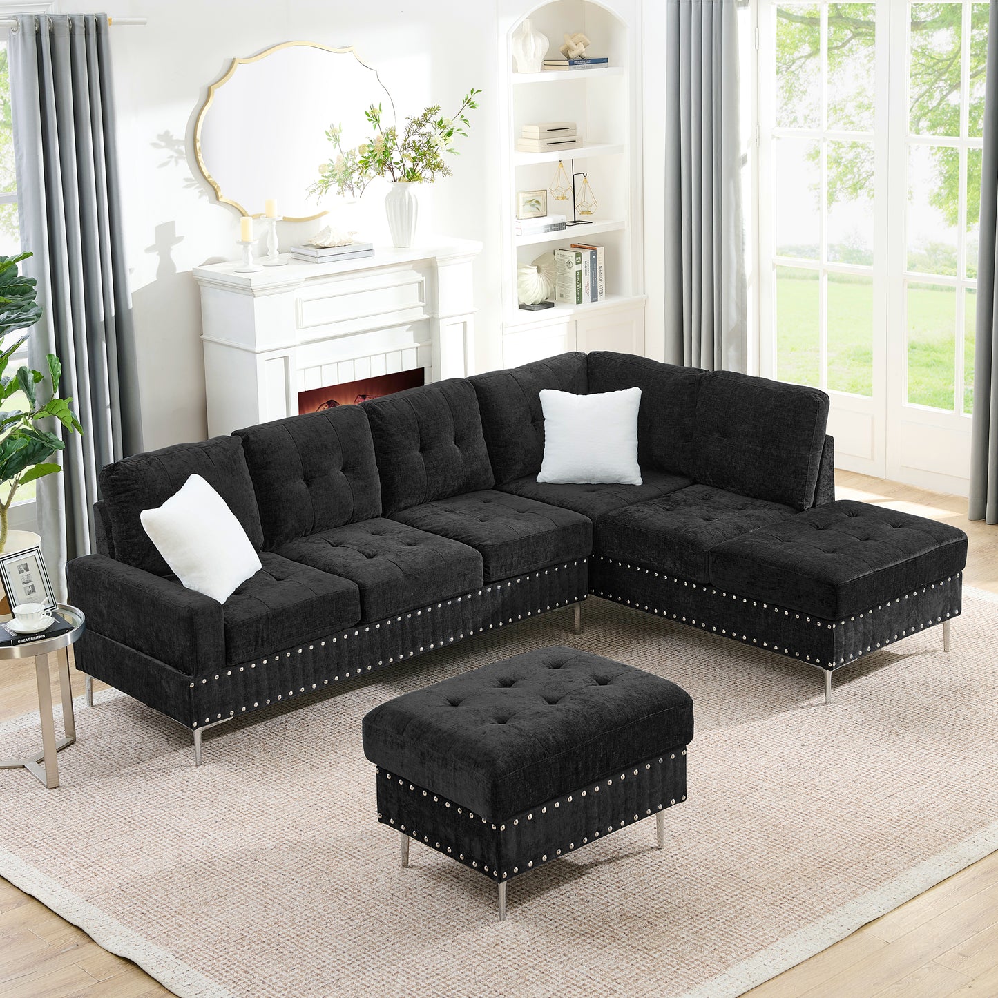 Sectional 3-Seaters Sofa with Chaise, Storage Ottoman, Metal Legs and Copper Nails,Two White Pillows ,Black(102" x 76" x35")