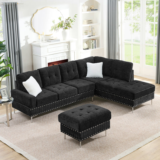 Sectional 3-Seaters Sofa with Chaise, Storage Ottoman, Metal Legs and Copper Nails,Two White Pillows ,Black(102" x 76" x35")