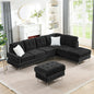 Sectional 3-Seaters Sofa with Chaise, Storage Ottoman, Metal Legs and Copper Nails,Two White Pillows ,Black(102" x 76" x35")