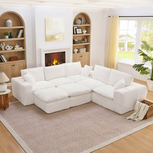 107'' Modern Boucle L-shaped Sectional Sofa with Two Moveable Ottomans for Living Room, Comfy Cloud Couch with Pillows, DIY Combination