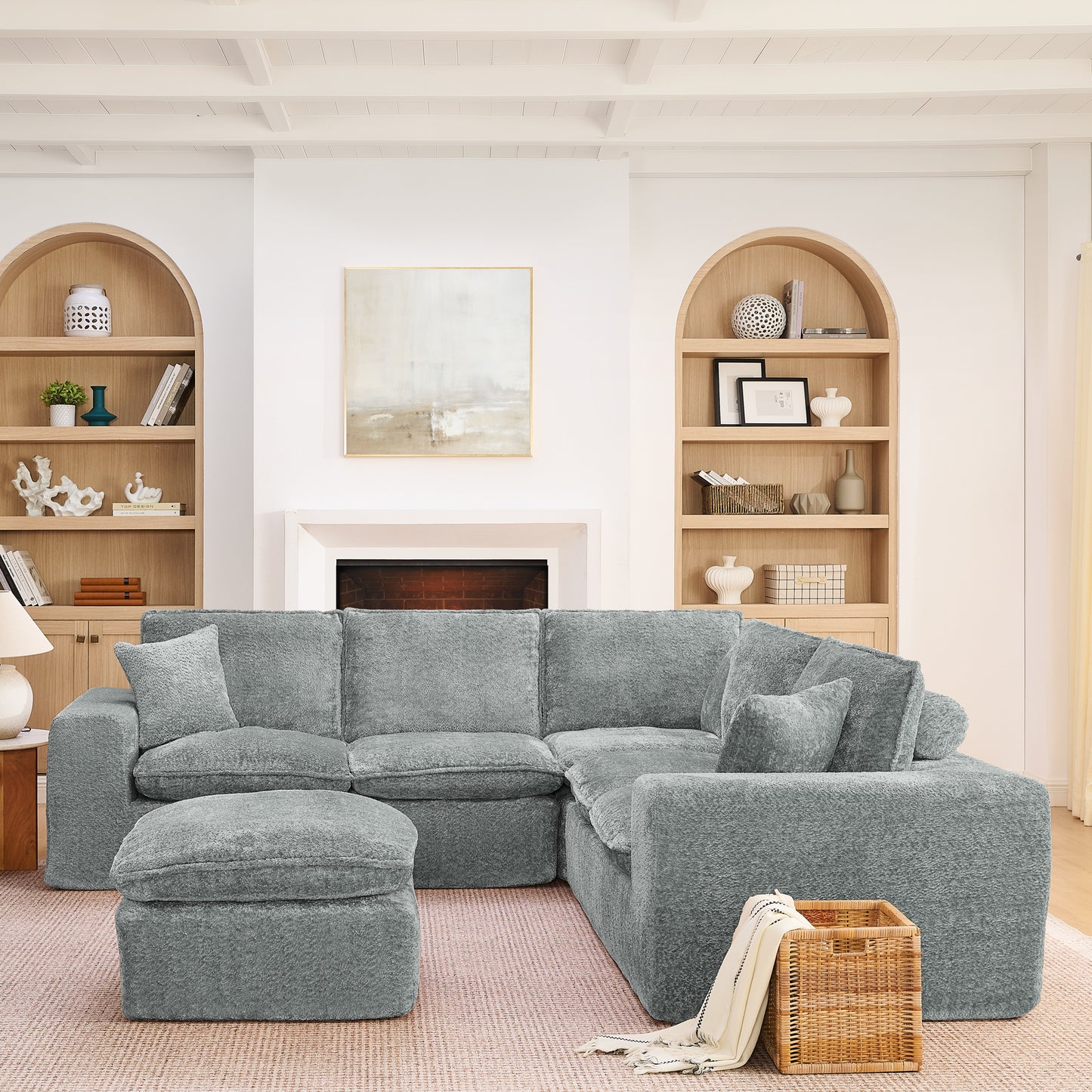 Grey Boucle Modular Sectional Sofa - 6 Seat Living Room