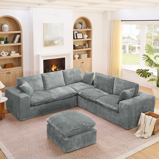 107'' Modern Boucle L-shaped Sectional Sofa with Moveable Ottoman for Living Room, Comfy Cloud Couch with Pillows, DIY Combination