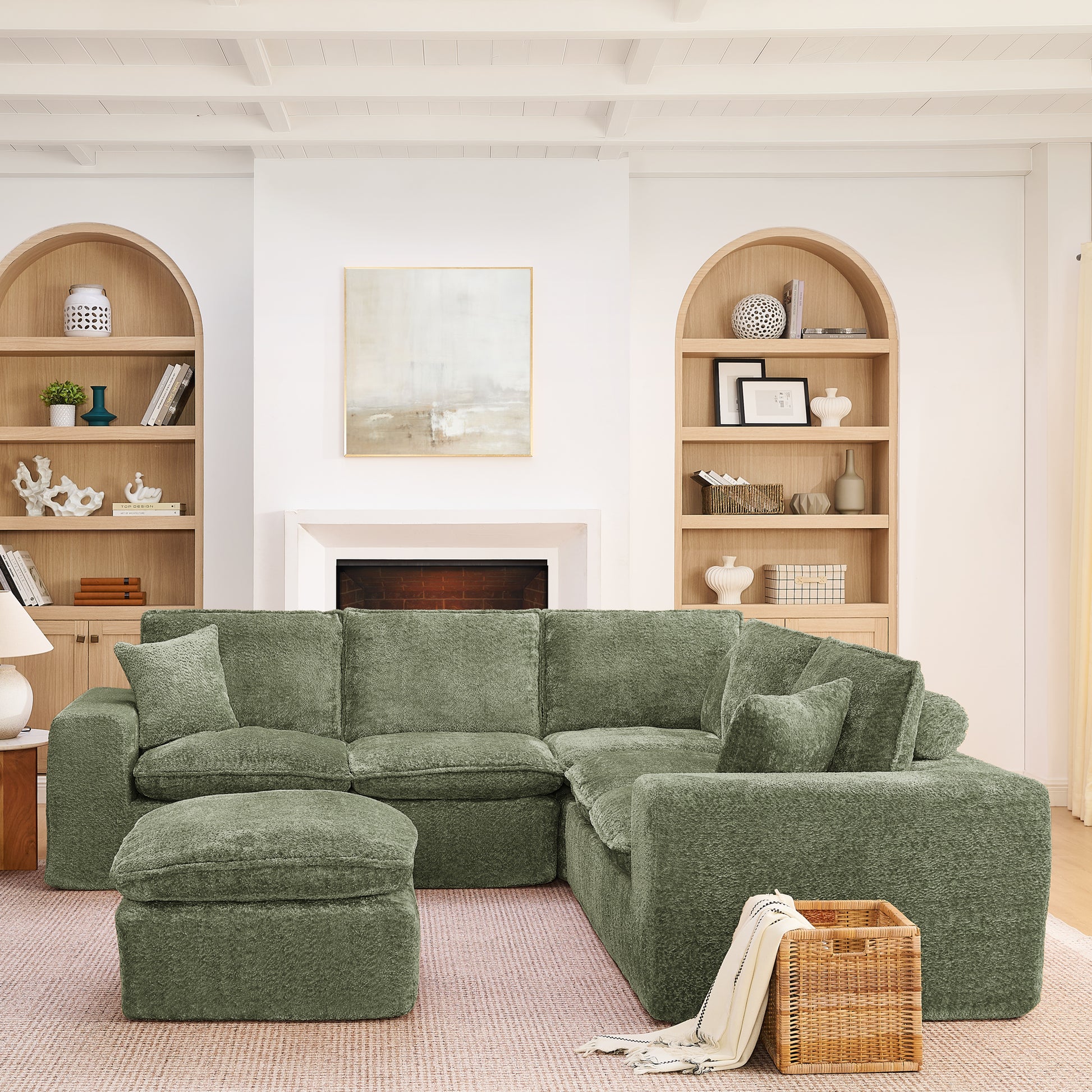 Green Boucle Modular Sectional Sofa - 6 Seat L Shape