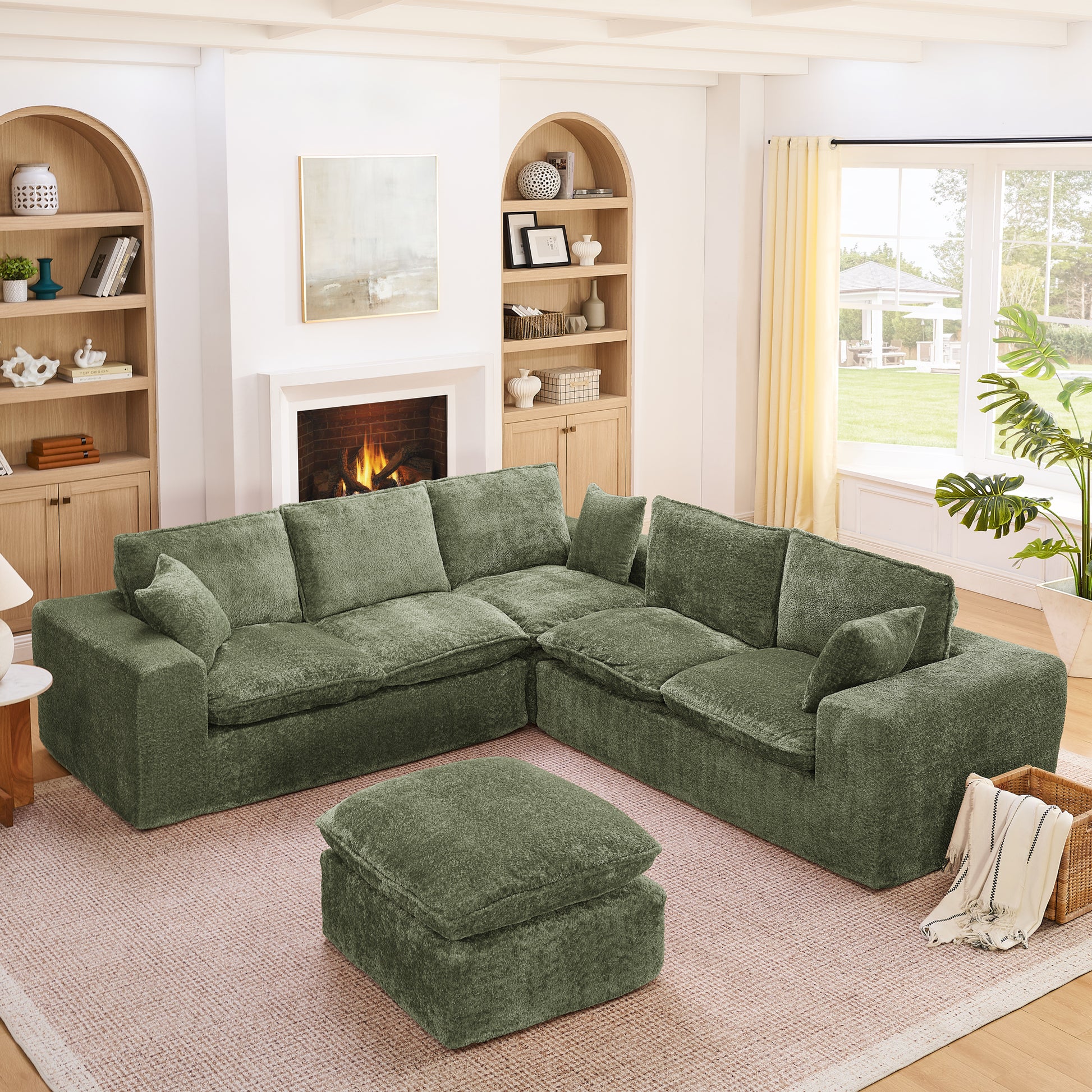 107'' Modern Boucle L-shaped Sectional Sofa with Moveable Ottoman for Living Room, Comfy Cloud Couch with Pillows, DIY Combination