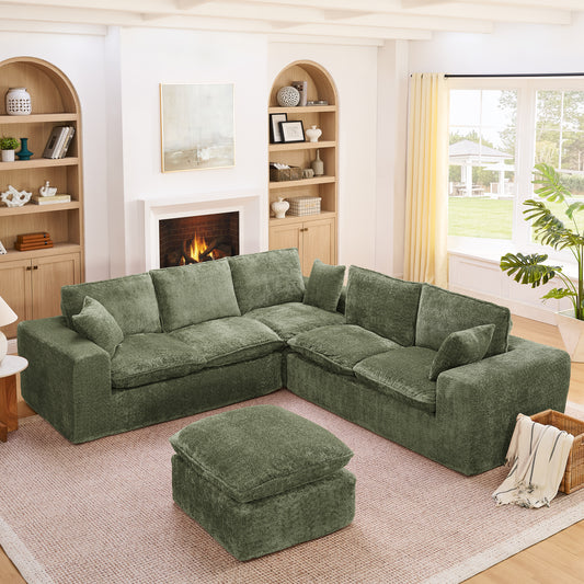 107'' Modern Boucle L-shaped Sectional Sofa with Moveable Ottoman for Living Room, Comfy Cloud Couch with Pillows, DIY Combination