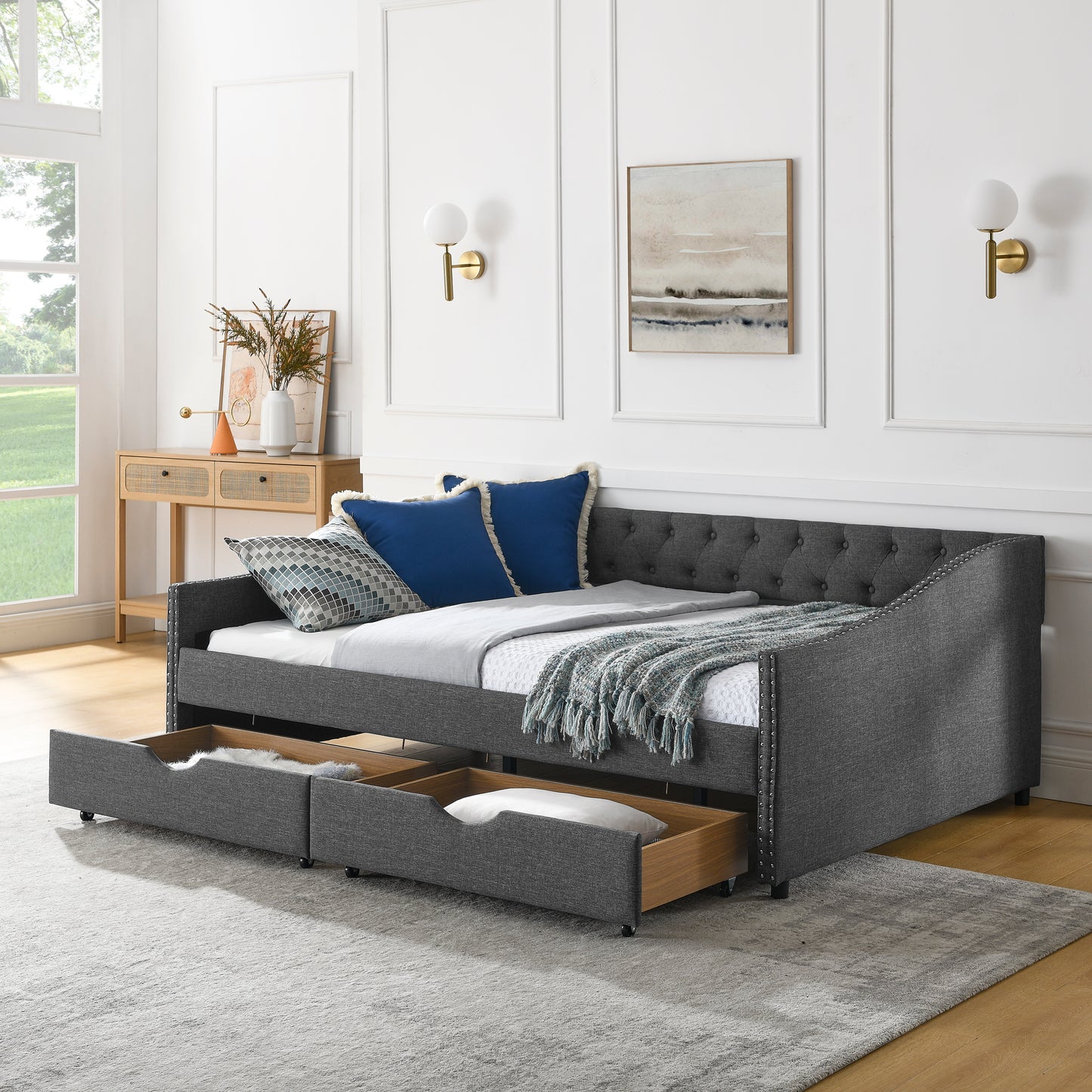 Full Size Daybed with Drawers Upholstered Tufted Sofa Bed, with Button on Back and Copper Nail on Waved Shape Arms (80.5''x55.5''x27.5'') (OLD SKU: W1413S00032)