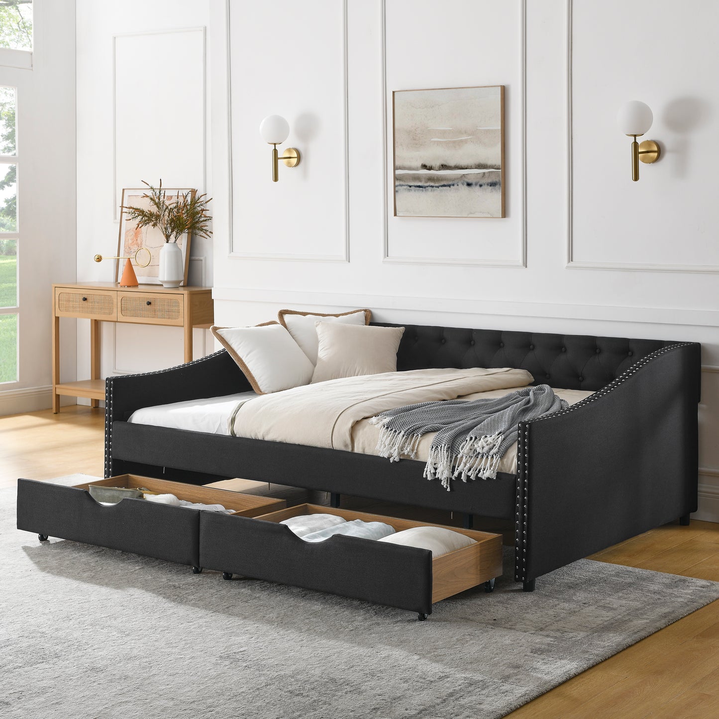 Full Size Daybed with Drawers Upholstered Tufted Sofa Bed, with Button on Back and Copper Nail on Waved Shape Arms (80.5''x55.5''x27.5'') (OLD SKU: W1413S00031)