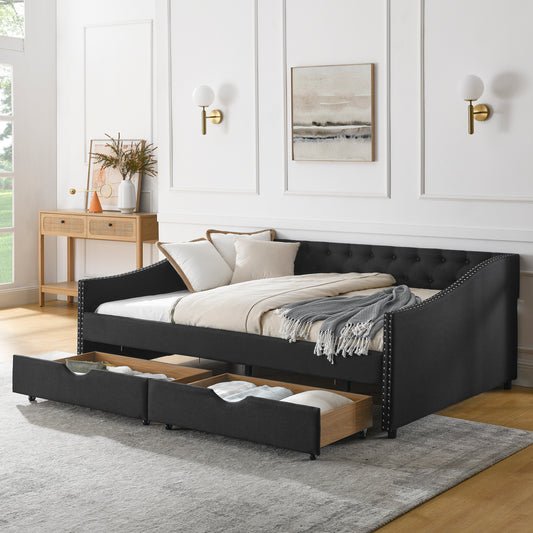 Full Size Daybed with Drawers Upholstered Tufted Sofa Bed, with Button on Back and Copper Nail on Waved Shape Arms (80.5''x55.5''x27.5'') (OLD SKU: W1413S00031)