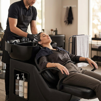 Shampoo Bowl and Chair Set for Salon, Hair Washing Station with ABS Sink & PU Leather Chair, Ergonomic Chair with Neck Rest, Side Storage, Hot/Cold Faucet & Sprayer for Spa Barbershop Beauty, Black