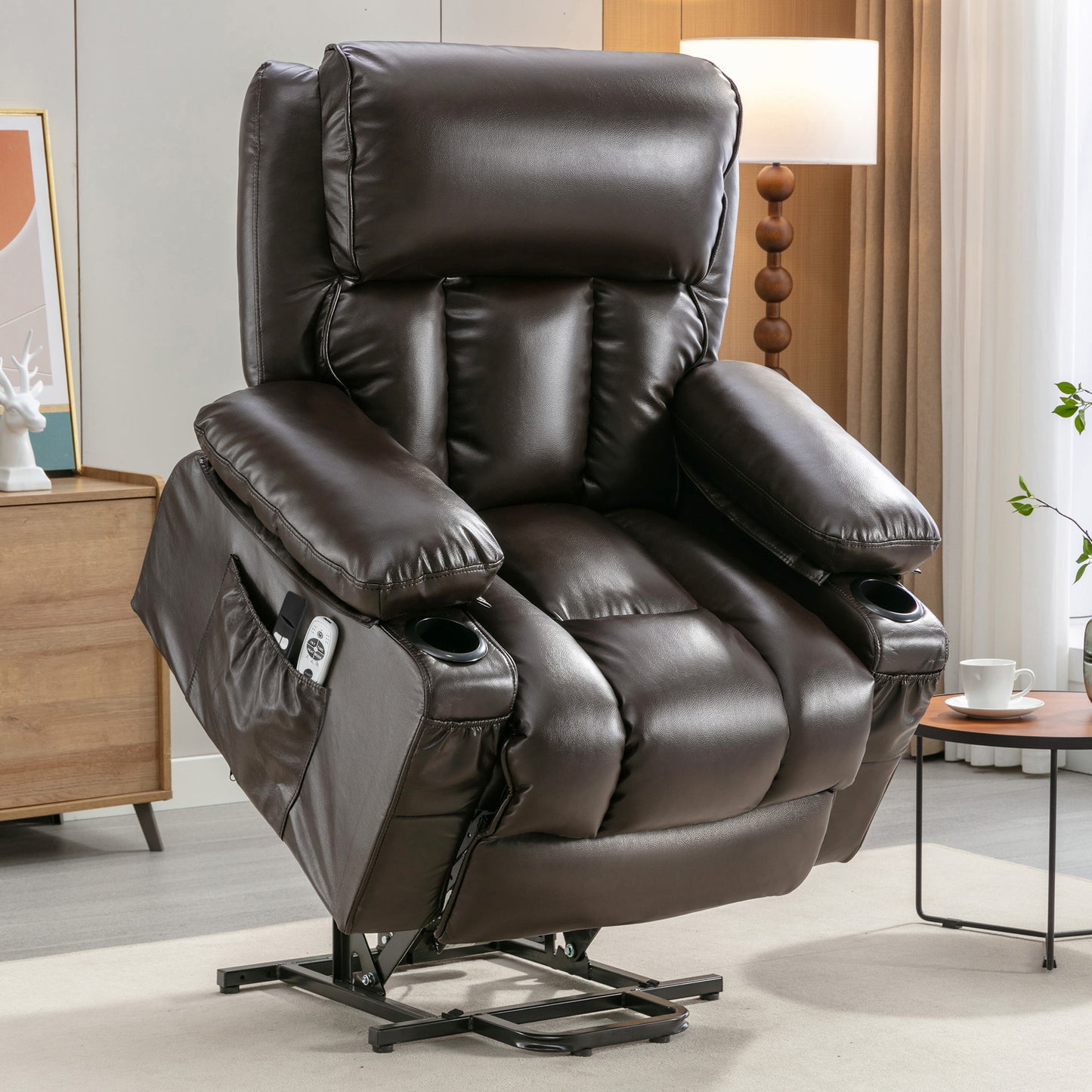 Brown Leather Power Recliner Chair - Remote Lift Massage