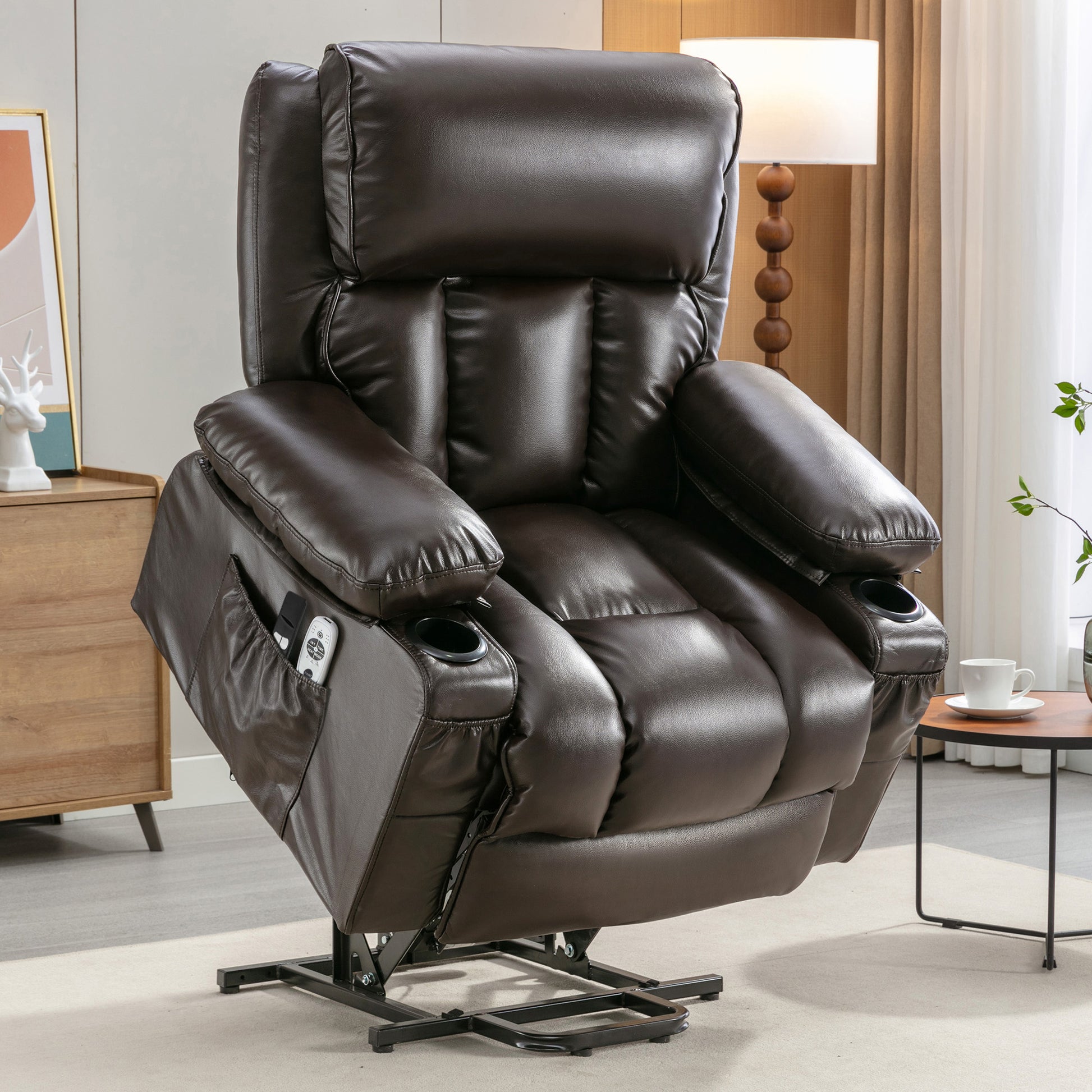 Brown Leather Power Recliner Chair - Remote Lift Massage