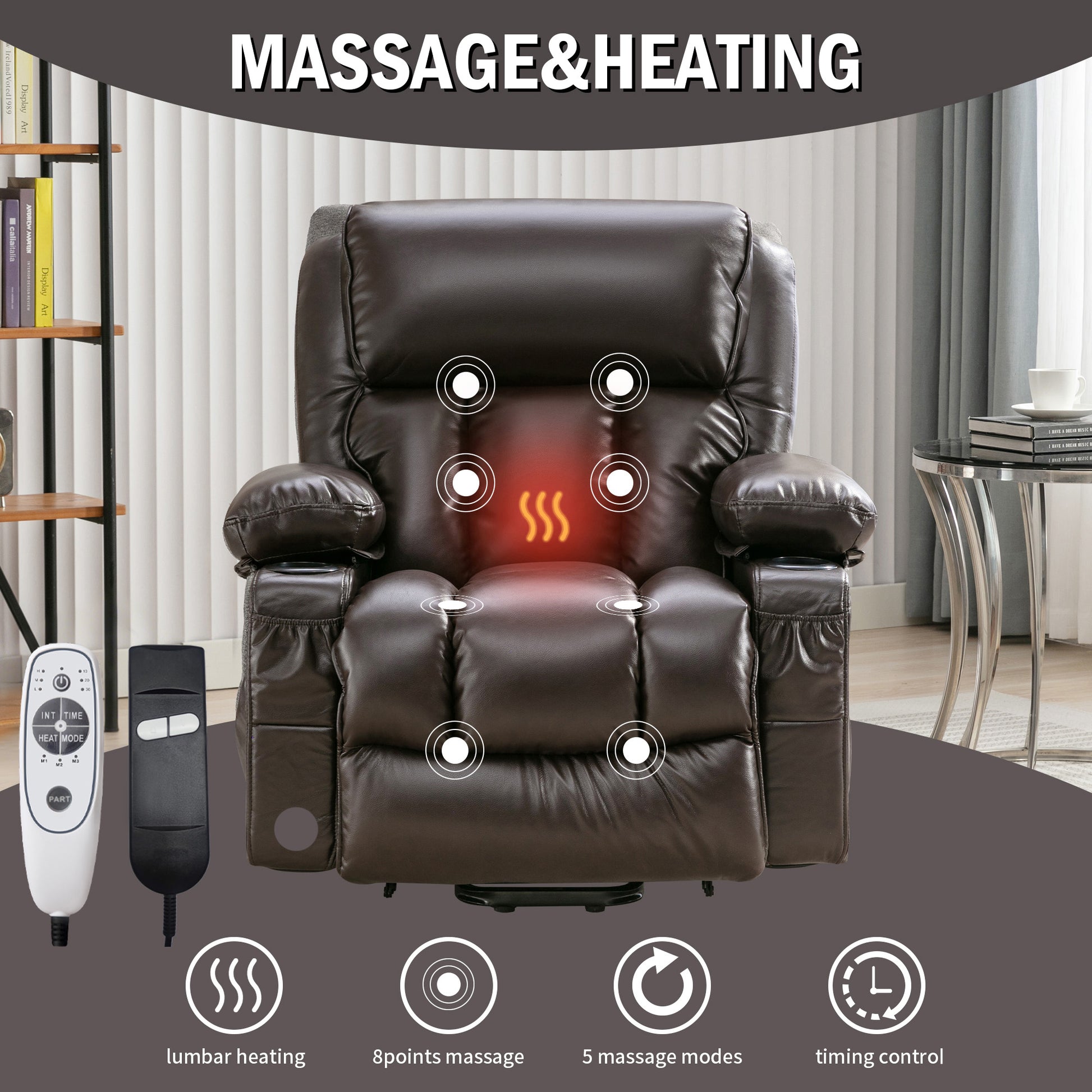 Brown Leather Power Recliner Chair - Remote Lift Massage
