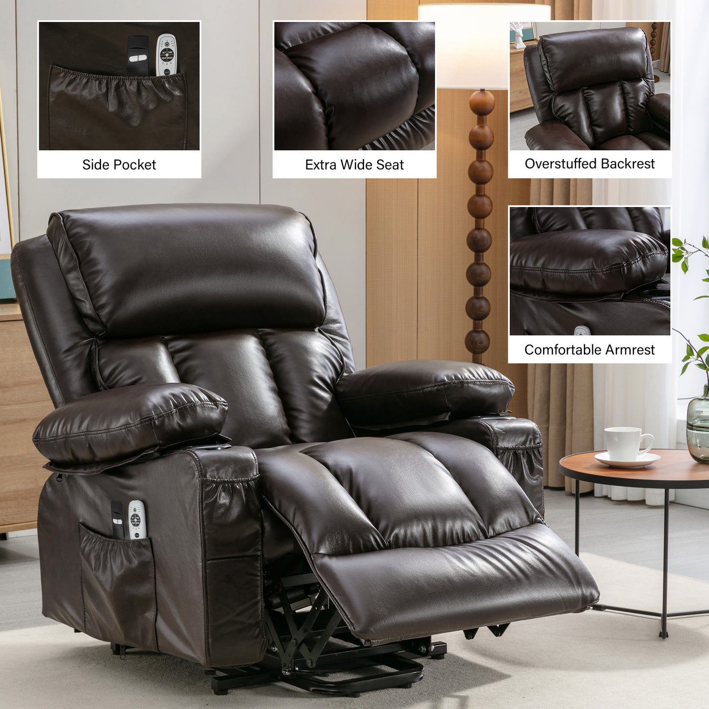 Brown Leather Power Recliner Chair - Remote Lift Massage