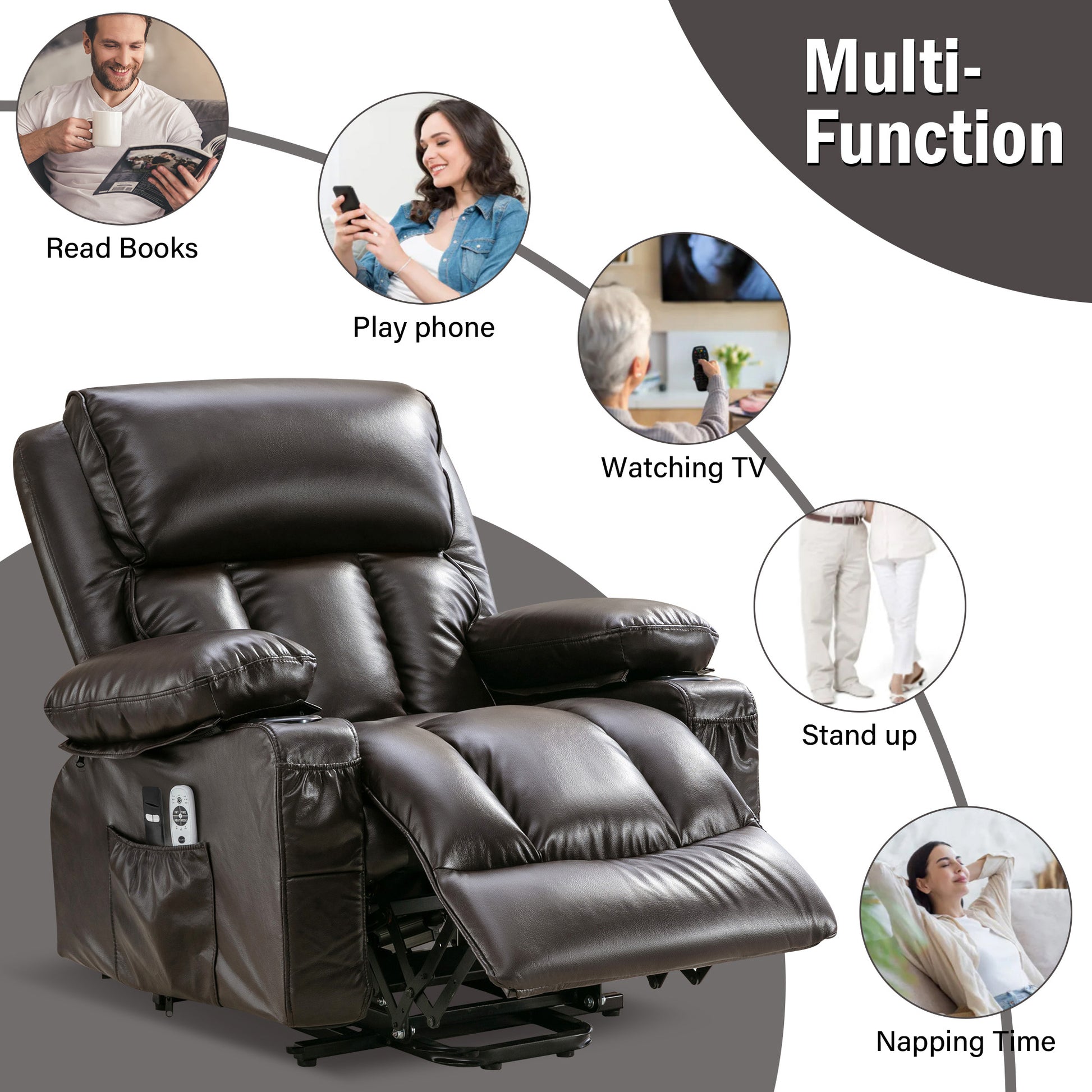 Brown Leather Power Recliner Chair - Remote Lift Massage