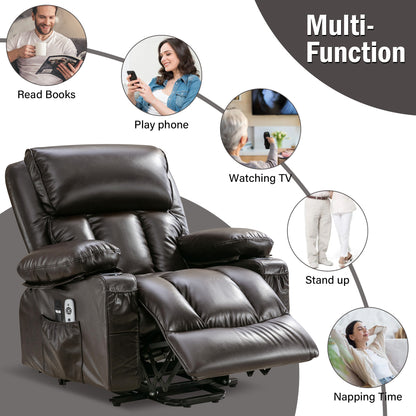 Brown Leather Power Recliner Chair - Remote Lift Massage