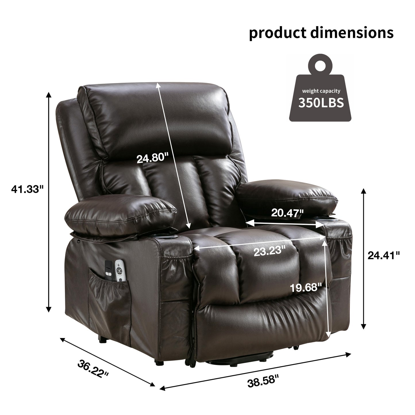 Brown Leather Power Recliner Chair - Remote Lift Massage