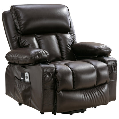 Brown Leather Power Recliner Chair - Remote Lift Massage