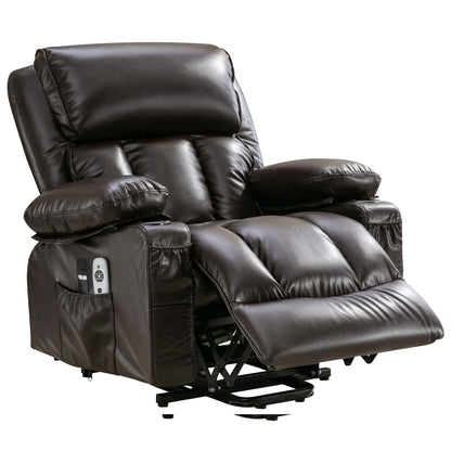 Brown Leather Power Recliner Chair - Remote Lift Massage