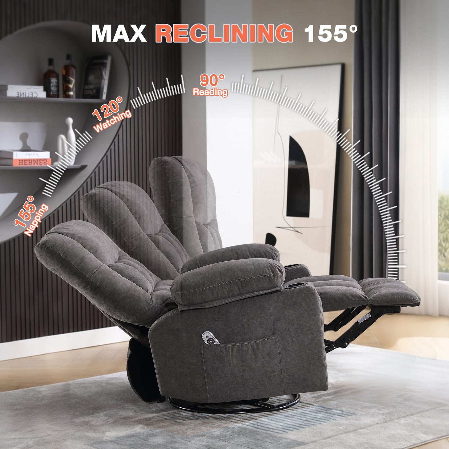 Grey Wood Rocker Recliner - Massage Chair with Heat for Living Room