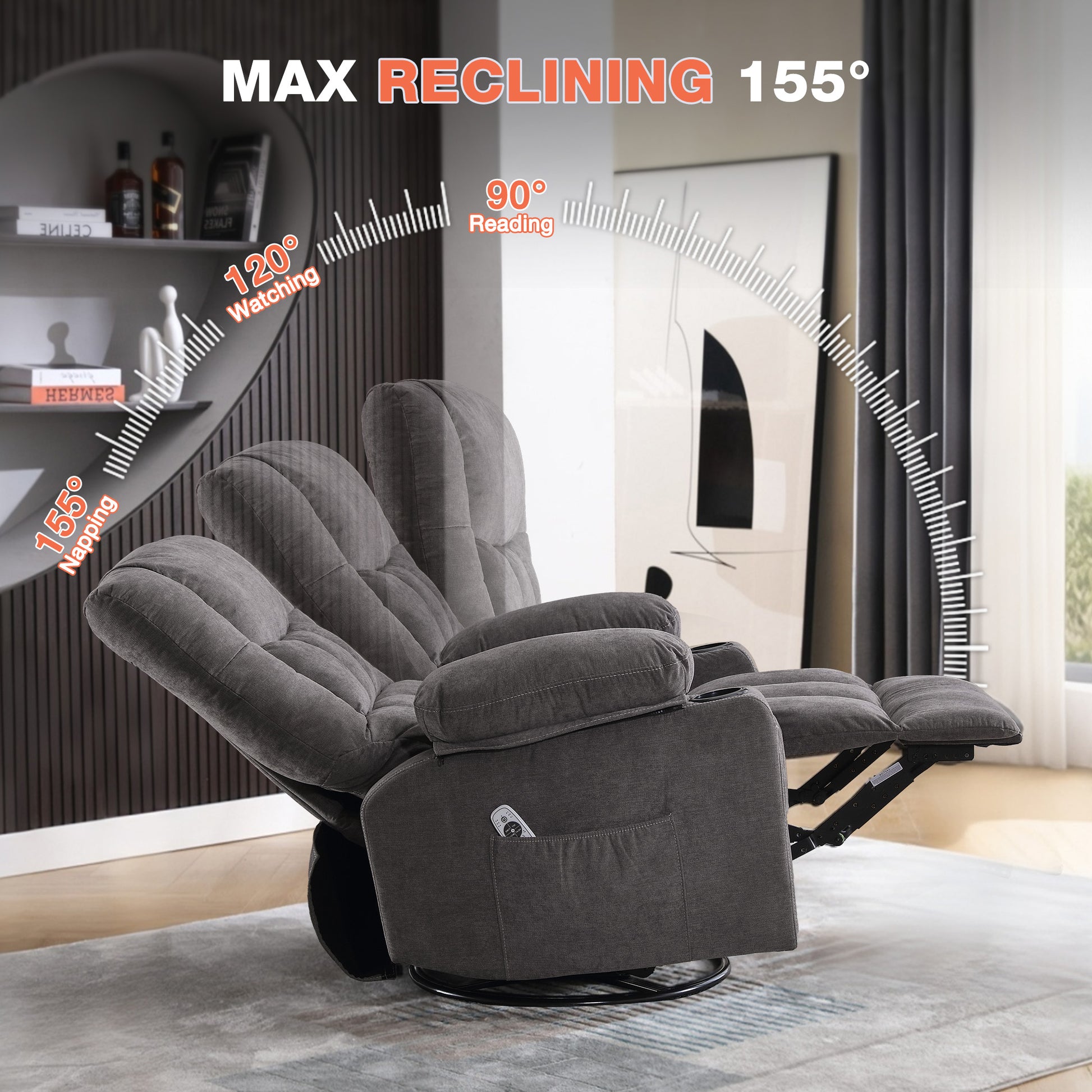 Grey Wood Rocker Recliner - Massage Chair with Heat for Living Room