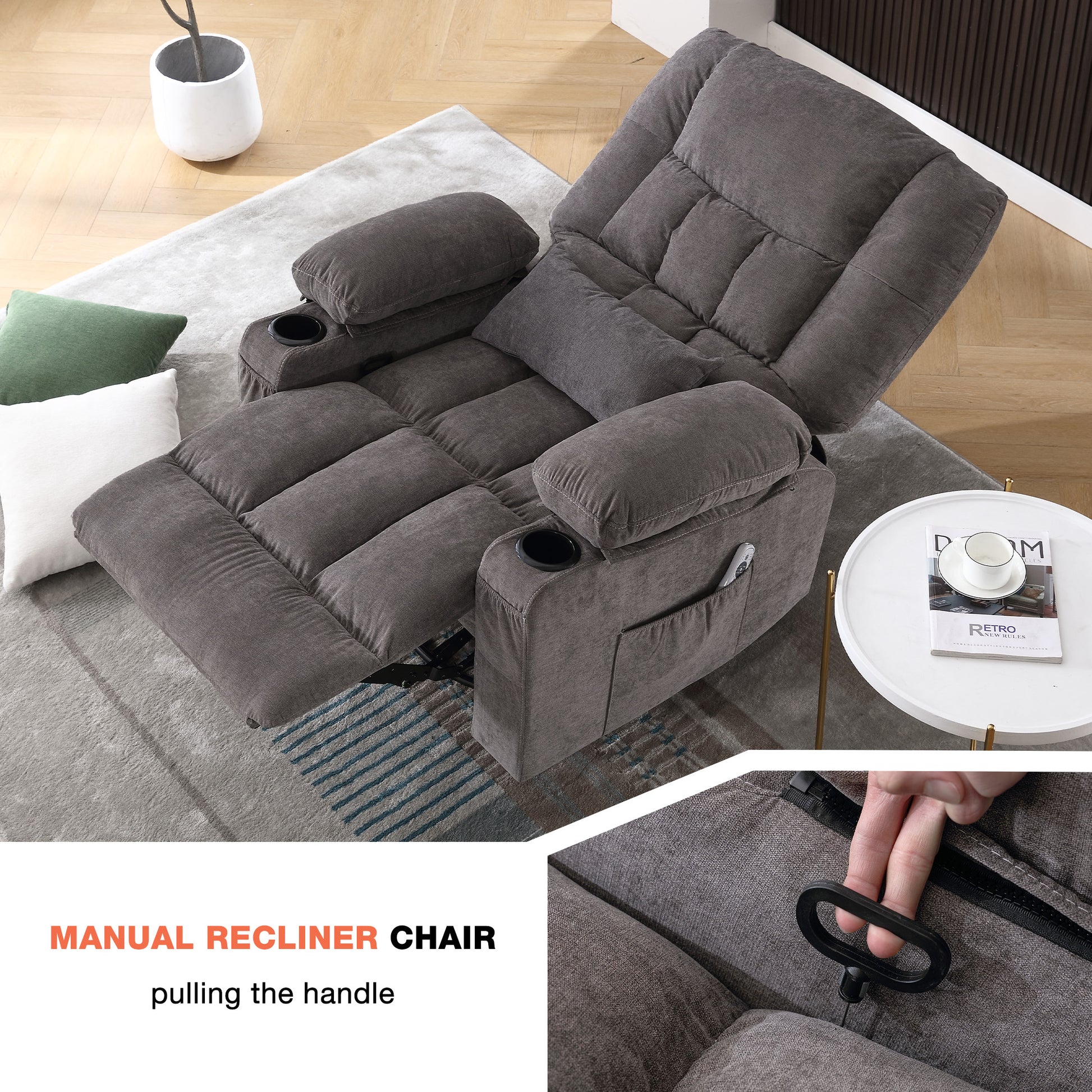 Grey Wood Rocker Recliner - Massage Chair with Heat for Living Room