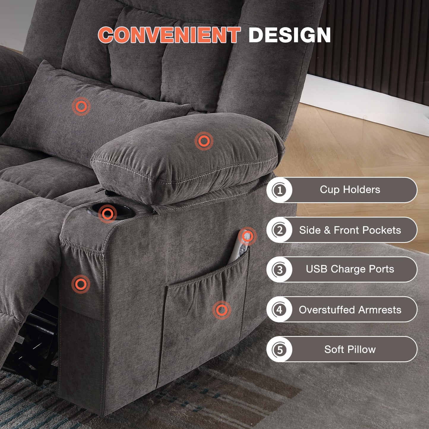 Grey Wood Rocker Recliner - Massage Chair with Heat for Living Room