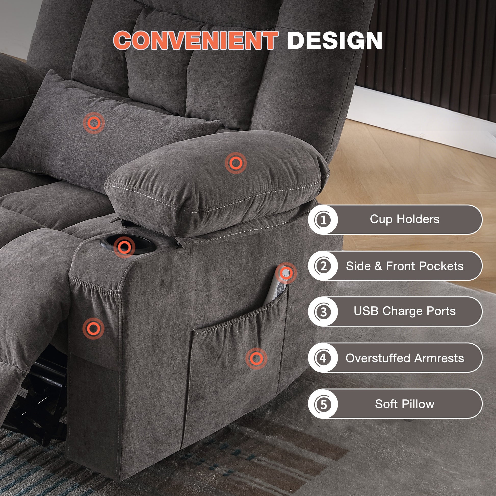 Grey Wood Rocker Recliner - Massage Chair with Heat for Living Room