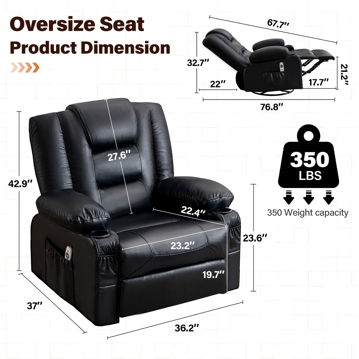 Black Leather Recliner Chair - 360° Swivel Rocker with Massage & Heat