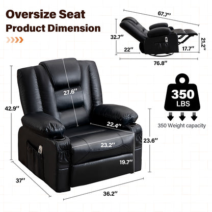 Black Leather Recliner Chair - 360° Swivel Rocker with Massage & Heat