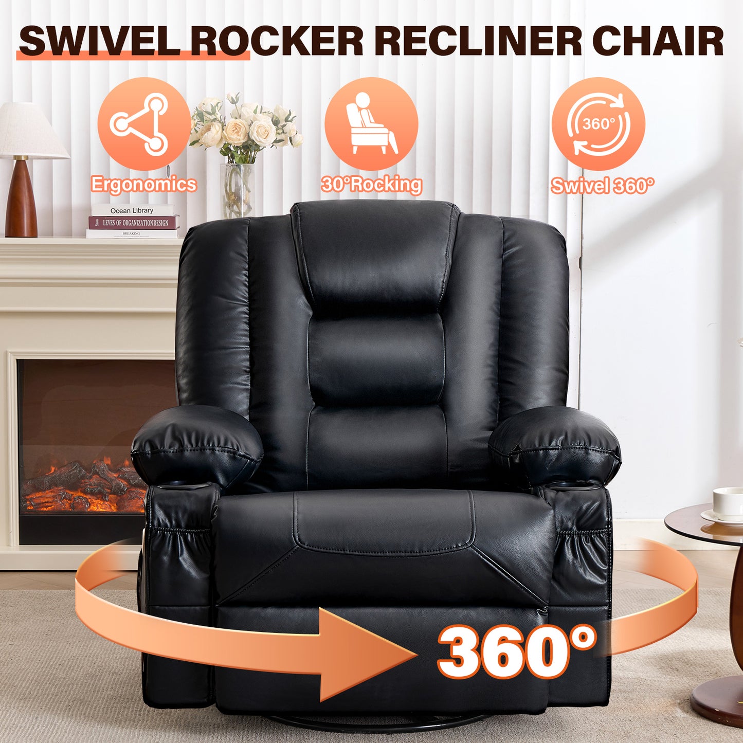 Black Leather Recliner Chair - 360° Swivel Rocker with Massage & Heat