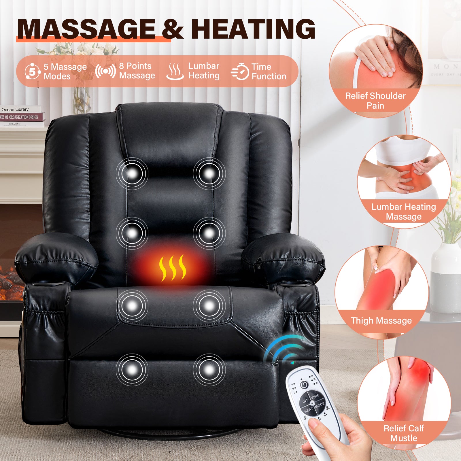 Black Leather Recliner Chair - 360° Swivel Rocker with Massage & Heat