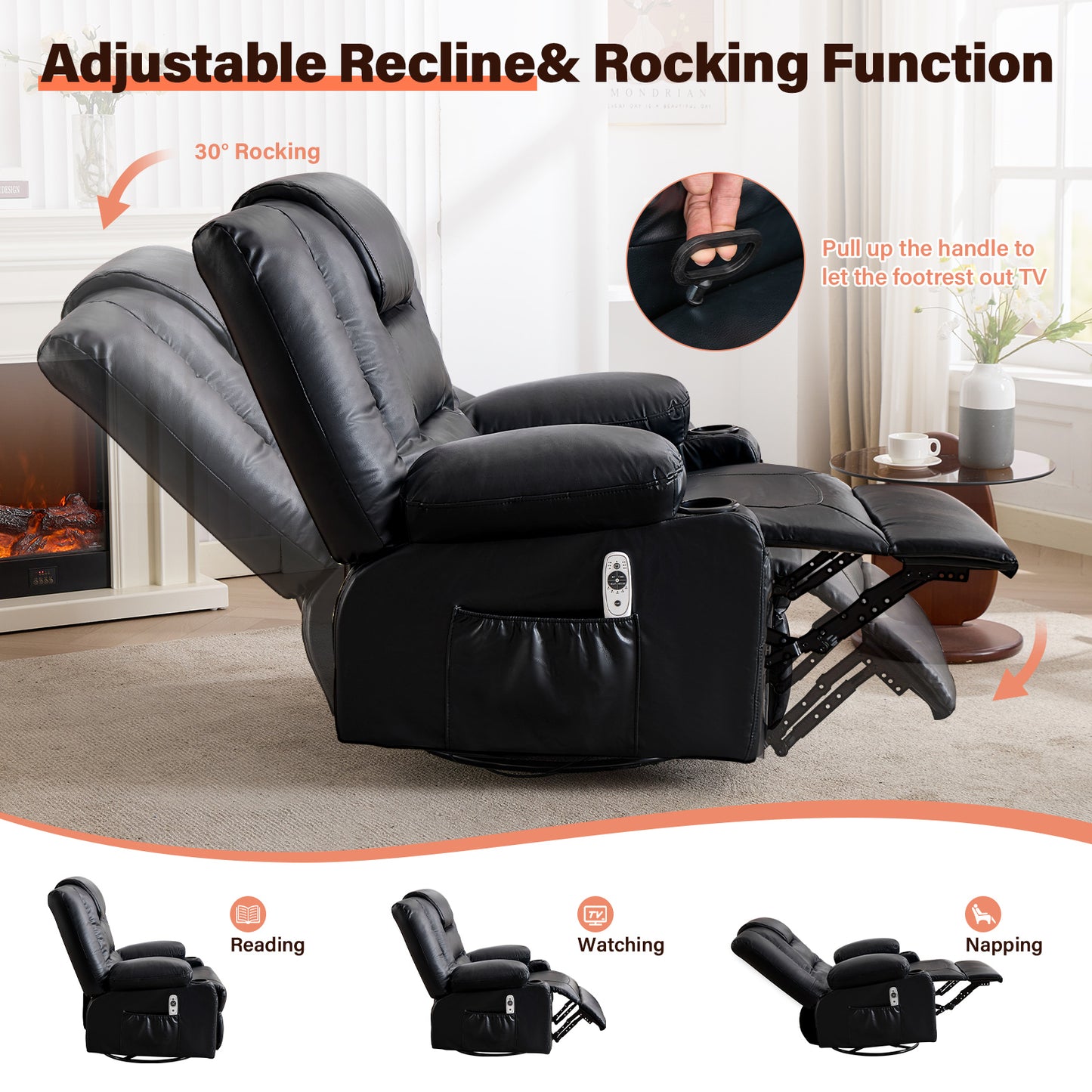 Black Leather Recliner Chair - 360° Swivel Rocker with Massage & Heat