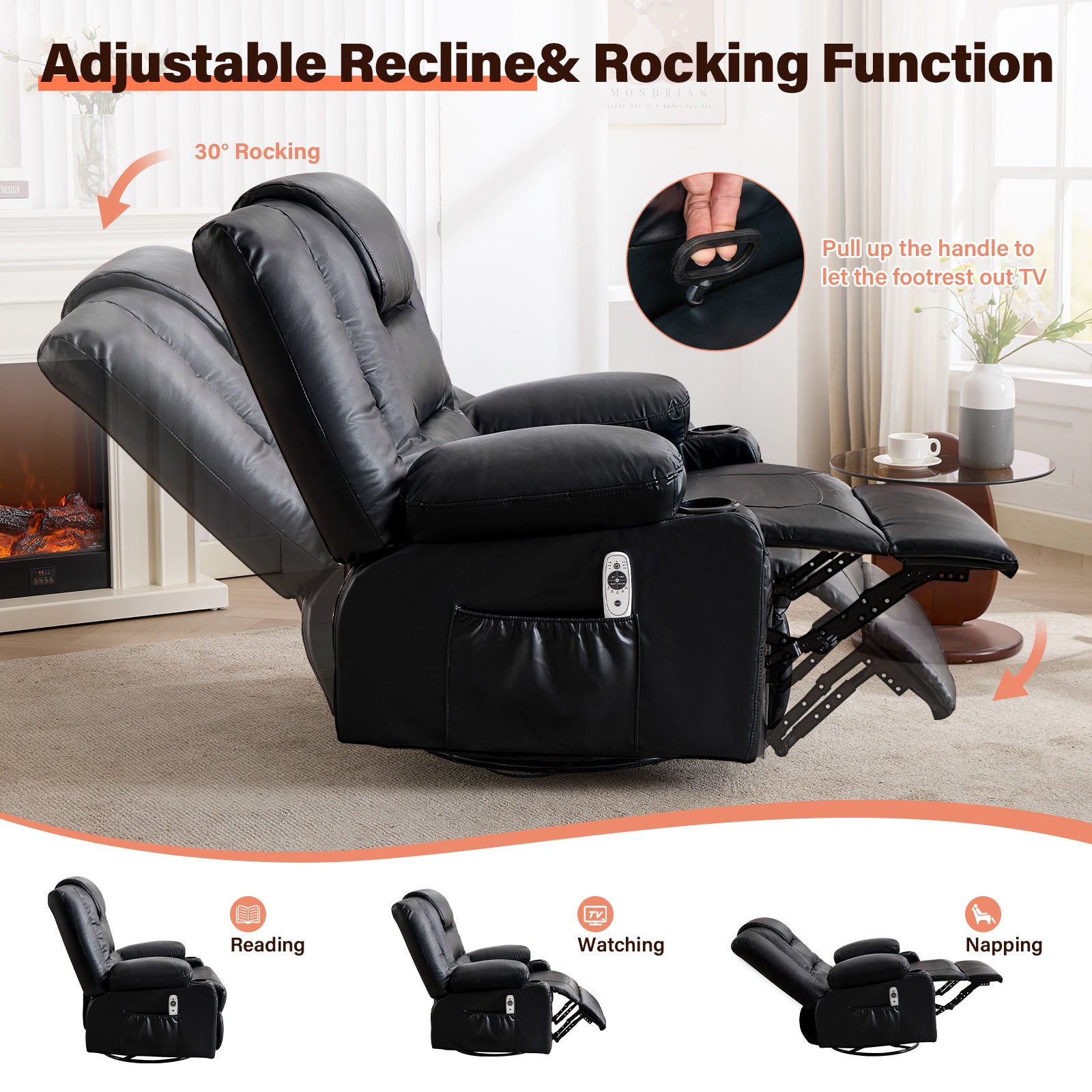 Black Leather Recliner Chair - 360° Swivel Rocker with Massage & Heat