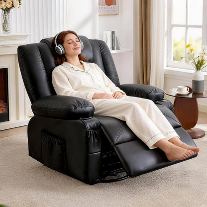 Black Leather Recliner Chair - 360° Swivel Rocker with Massage & Heat
