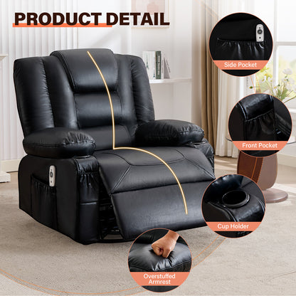 Black Leather Recliner Chair - 360° Swivel Rocker with Massage & Heat