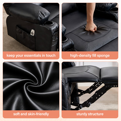 Black Leather Recliner Chair - 360° Swivel Rocker with Massage & Heat