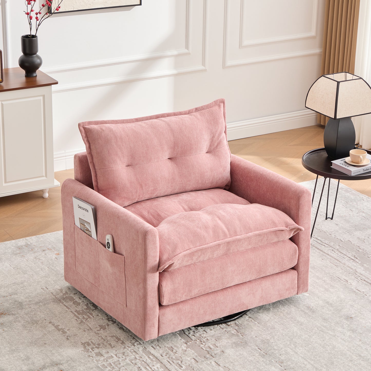 UNITED WE WIN Swivel Barrel Chair - Mid Century Modern Chair, Thick Padded Arm Chair with Solid Metal Base, Comfortable Single Sofa Chair, Swivel Accent Chair for Living Room Bedroom